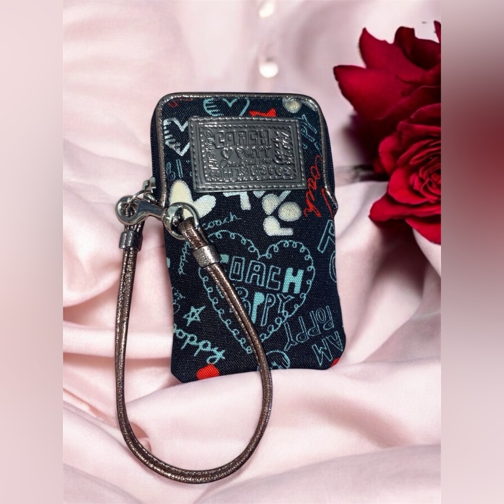 Coach Black Canvas Poppy Multi Leather Silver Trim Credit Card Zip Wristlet